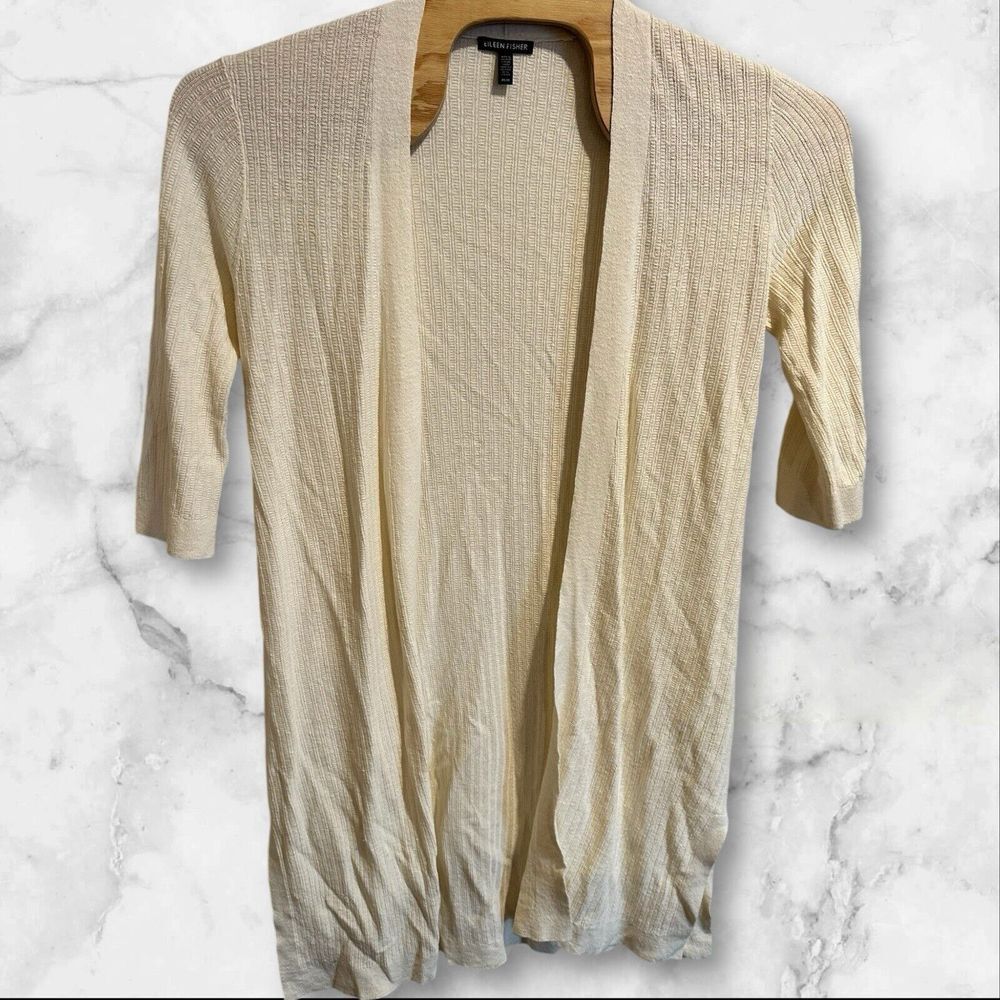 Eileen Fisher Womens Cardigan Medium Ivory Organic Linen Blend Long 3/4 Sleeves